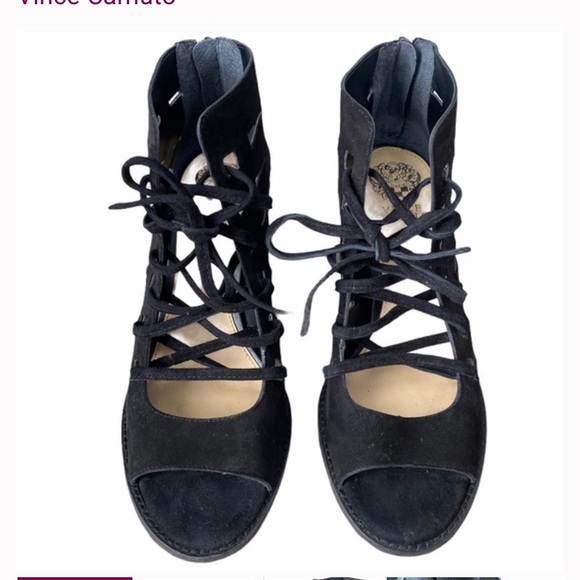 Vince Camuto Tressa Block Heel Sandals Black Lace Up Suede Leather 10 1/2 - Picture 1 of 10